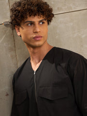 Men Black Poplin Front Zipper Relax Fit Shirt