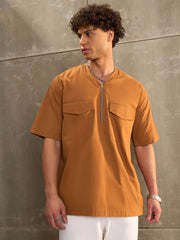 Men Brown Poplin Front Zipper Relax Fit Shirt
