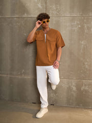 Men Brown Poplin Front Zipper Relax Fit Shirt