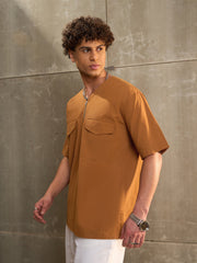 Men Brown Poplin Front Zipper Relax Fit Shirt
