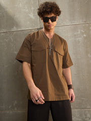 Men Khaki Poplin Front Zipper Relax Fit Shirt