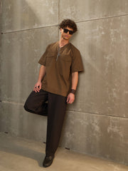 Men Khaki Poplin Front Zipper Relax Fit Shirt