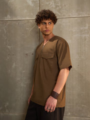 Men Khaki Poplin Front Zipper Relax Fit Shirt