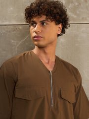 Men Khaki Poplin Front Zipper Relax Fit Shirt