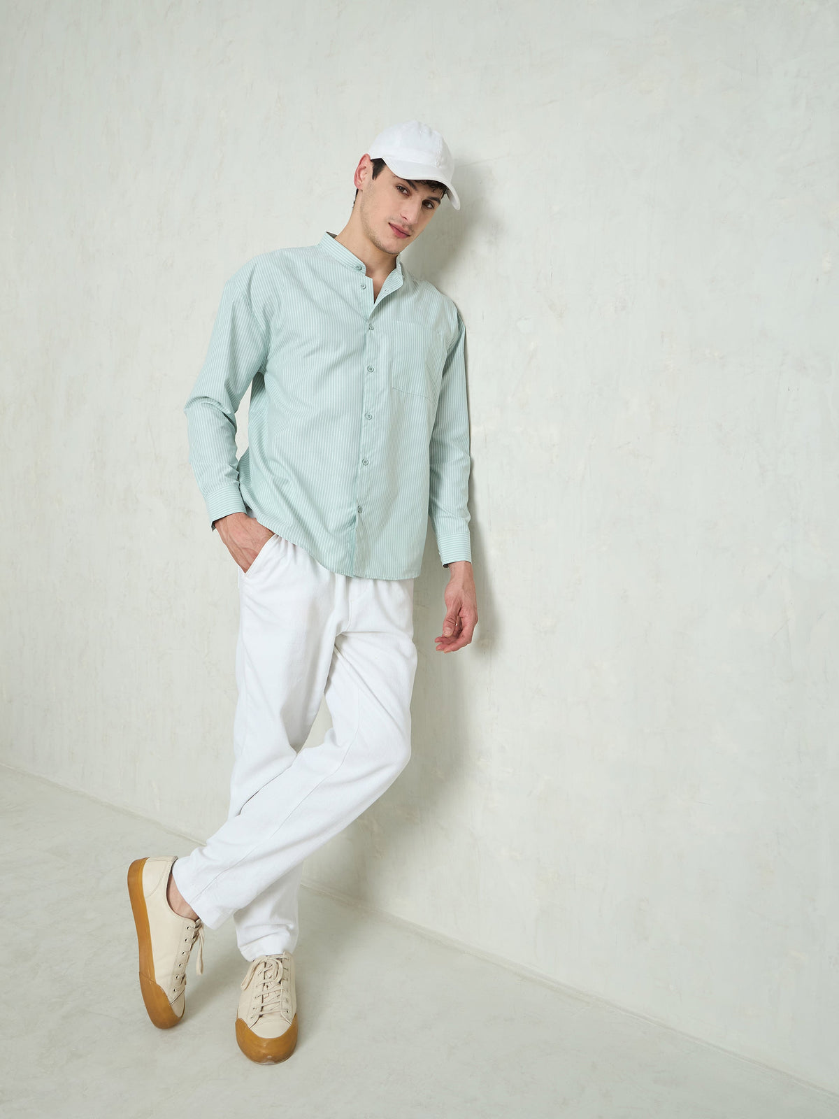 Men Green & White Stripes Mandarin Collar Relax Fit Shirt