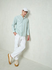 Men Green & White Stripes Mandarin Collar Relax Fit Shirt