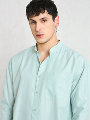 Men Green & White Stripes Mandarin Collar Relax Fit Shirt