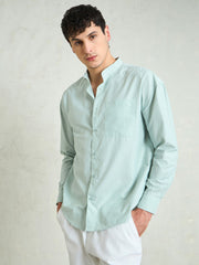 Men Green & White Stripes Mandarin Collar Relax Fit Shirt