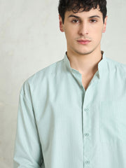 Men Green & White Stripes Mandarin Collar Relax Fit Shirt