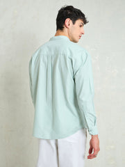 Men Green & White Stripes Mandarin Collar Relax Fit Shirt