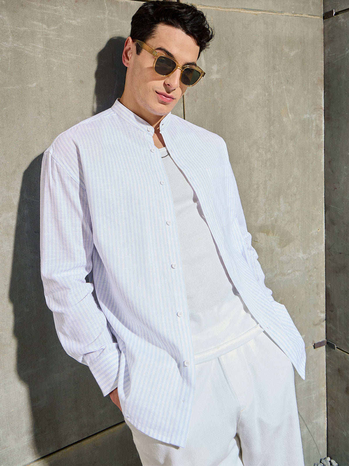 Men White & Blue Stripes Mandarin Collar Relax Fit Shirt