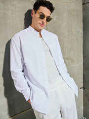 Men White & Blue Stripes Mandarin Collar Relax Fit Shirt