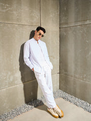Men White & Blue Stripes Mandarin Collar Relax Fit Shirt