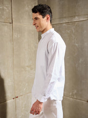 Men White & Blue Stripes Mandarin Collar Relax Fit Shirt