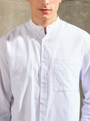 Men White & Blue Stripes Mandarin Collar Relax Fit Shirt