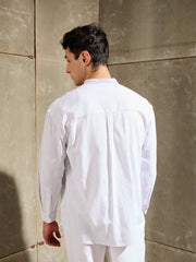 Men White & Blue Stripes Mandarin Collar Relax Fit Shirt