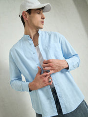Men Blue & White Stripes Mandarin Collar Relax Fit Shirt