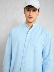 Men Blue & White Stripes Mandarin Collar Relax Fit Shirt