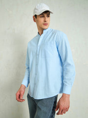Men Blue & White Stripes Mandarin Collar Relax Fit Shirt