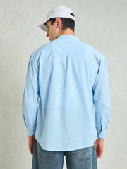 Men Blue & White Stripes Mandarin Collar Relax Fit Shirt