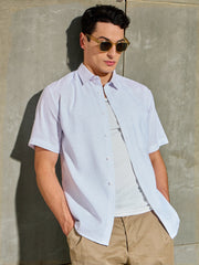 Men White & Blue Stripes Short Sleeve Shirt