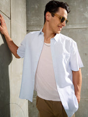 Men White & Blue Stripes Short Sleeve Shirt