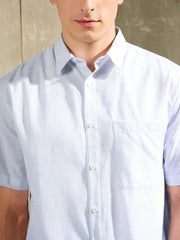 Men White & Blue Stripes Short Sleeve Shirt