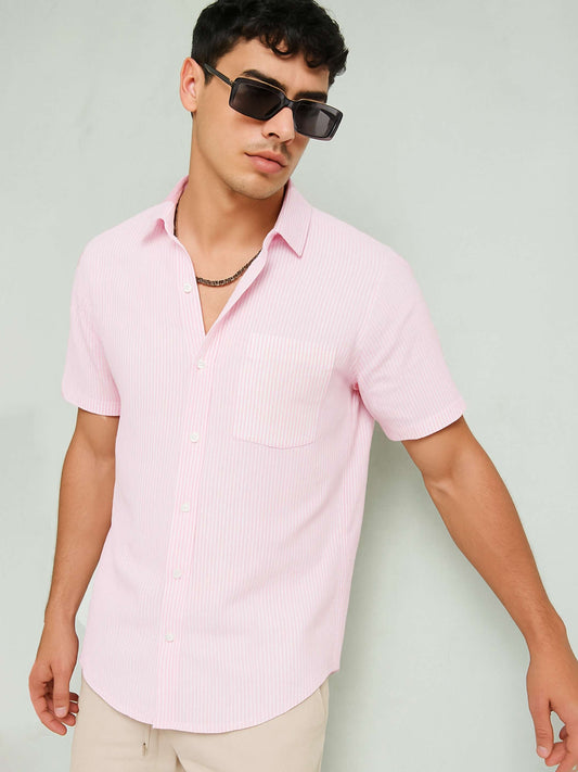 Men Pink & White Stripes Short Sleeve Shirt