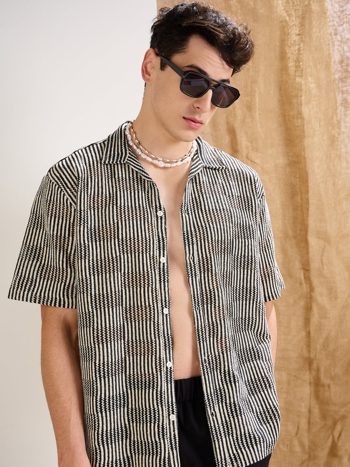 Men Beige & Black Stripes V-Neck Collar Crochet Shirt