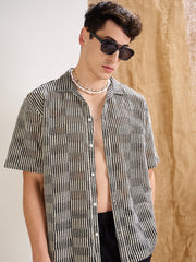 Men Beige & Black Stripes V-Neck Collar Crochet Shirt