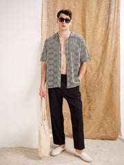 Men Beige & Black Stripes V-Neck Collar Crochet Shirt