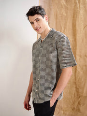 Men Beige & Black Stripes V-Neck Collar Crochet Shirt