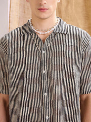 Men Beige & Black Stripes V-Neck Collar Crochet Shirt