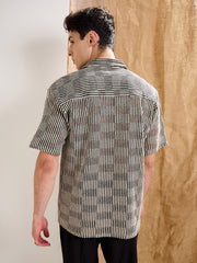 Men Beige & Black Stripes V-Neck Collar Crochet Shirt