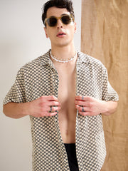 Men Beige & Black Textured Check V-Neck Collar Crochet Shirt