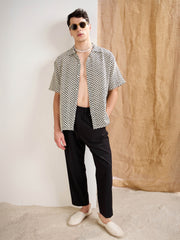 Men Beige & Black Textured Check V-Neck Collar Crochet Shirt