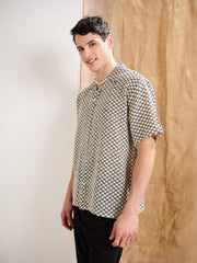 Men Beige & Black Textured Check V-Neck Collar Crochet Shirt