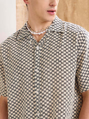 Men Beige & Black Textured Check V-Neck Collar Crochet Shirt
