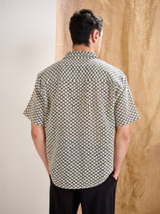 Men Beige & Black Textured Check V-Neck Collar Crochet Shirt