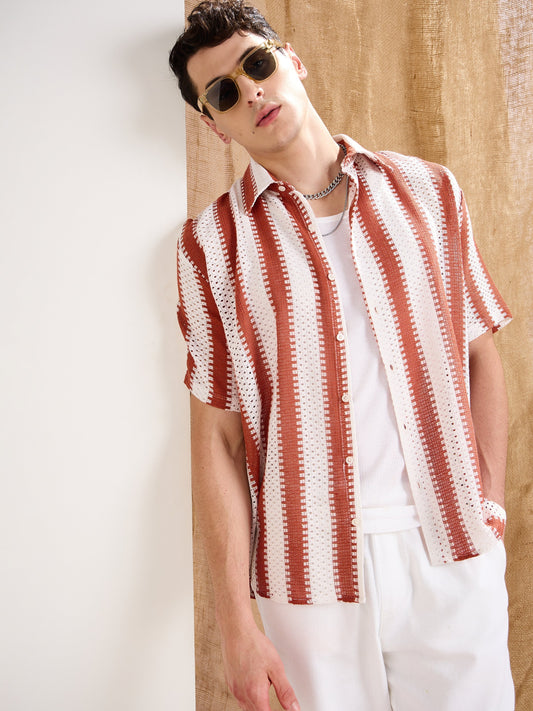 MASCLN SASSAFRAS - Men White & Rust Stripes Relax Fit Crochet Shirt