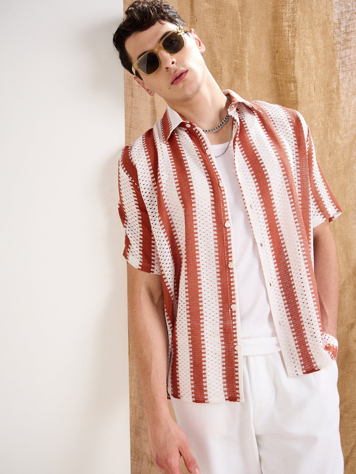 Men White & Rust Stripes Relax Fit Crochet Shirt