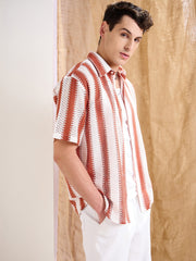 Men White & Rust Stripes Relax Fit Crochet Shirt