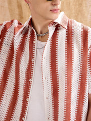 Men White & Rust Stripes Relax Fit Crochet Shirt
