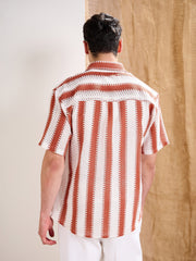 Men White & Rust Stripes Relax Fit Crochet Shirt