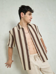 Men Beige & Brown Stripes Relax Fit Crochet Shirt