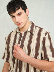 Men Beige & Brown Stripes Relax Fit Crochet Shirt