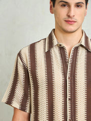 Men Beige & Brown Stripes Relax Fit Crochet Shirt