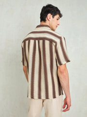 Men Beige & Brown Stripes Relax Fit Crochet Shirt