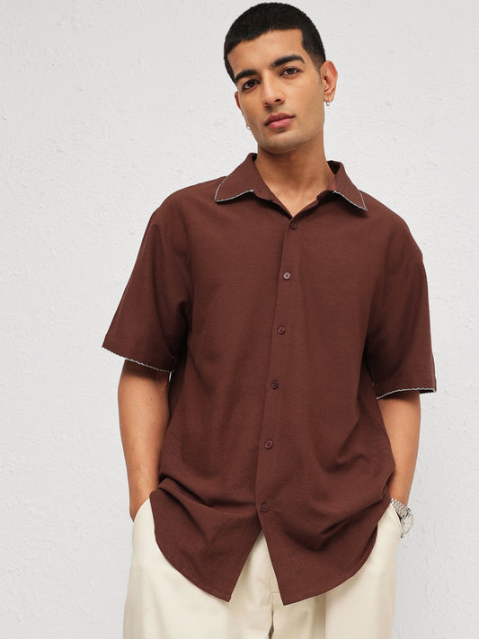 Men Brown Linen Thread Detail Relax Fit Short Sleeve Shirt