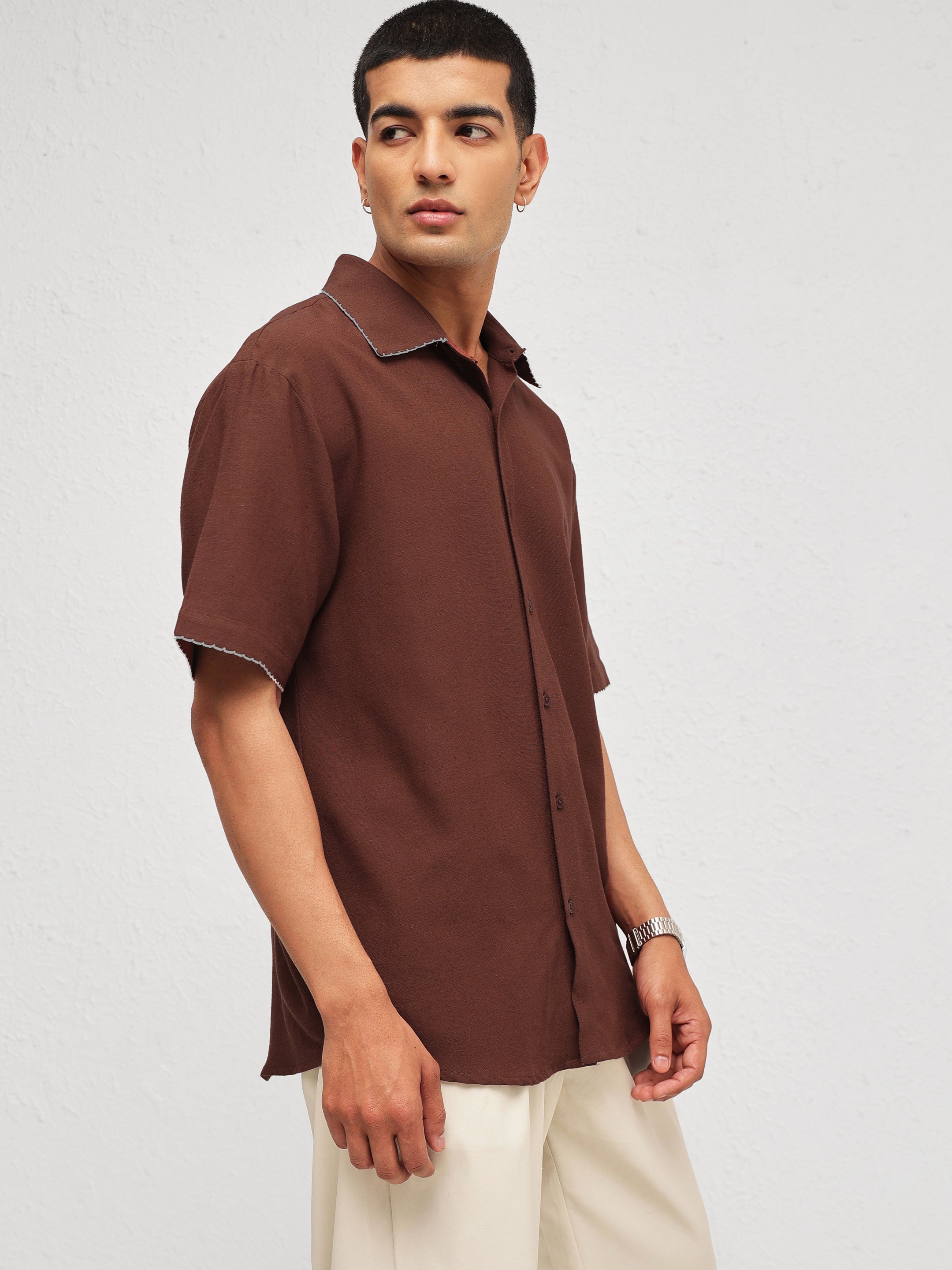 Men Brown Linen Thread Detail Relax Fit Short Sleeve Shirt